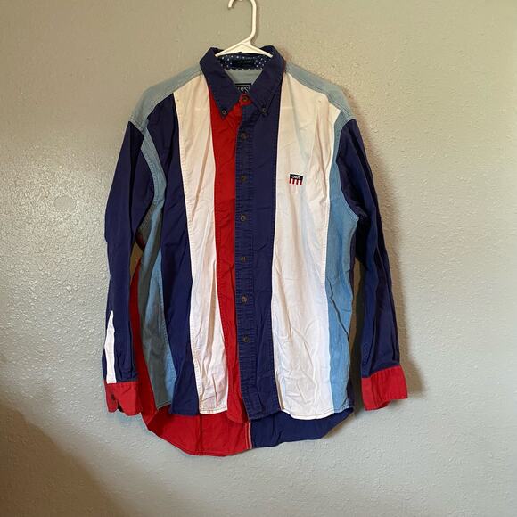 Chaps Mens Large Long Sleeve Stripes Collared Color Block Red White Blue - Picture 7 of 9